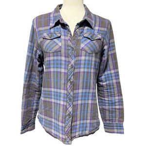 Empyre Plaid Purple Gray Button Flannel Quilted Lined Shacket Size M Cotton Fall